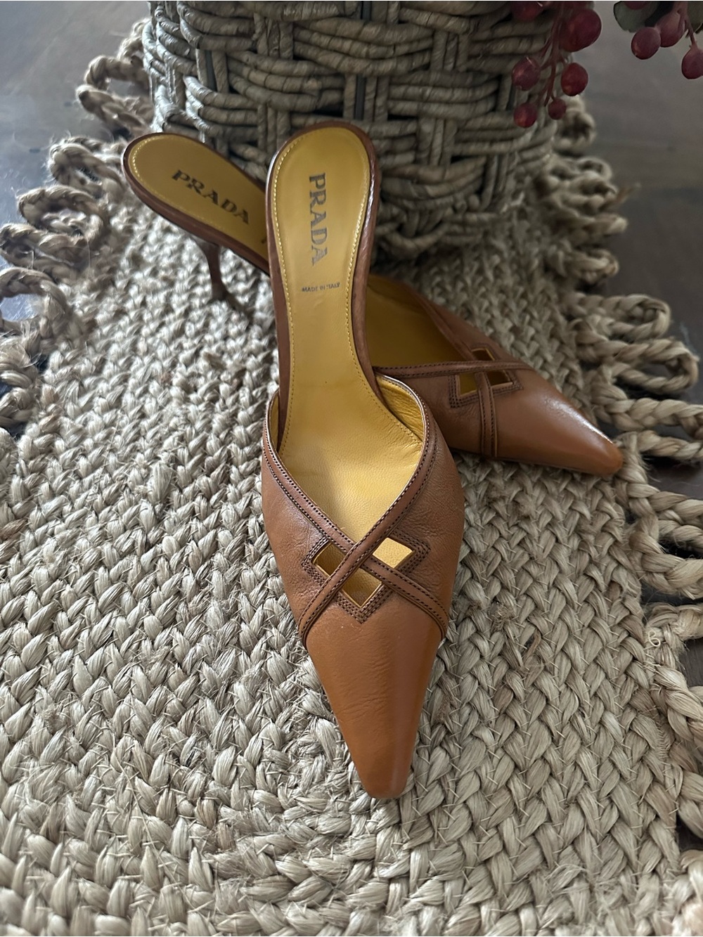 PRADA Tan Leather Pointed-Toe Slip-On Mules